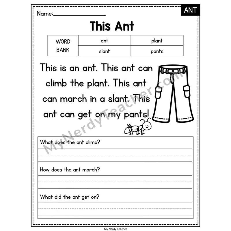 This Ant — ANT Phonics Reading Passage with Short Answer