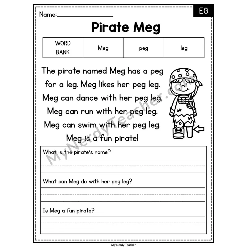 Pirate Meg — EG Phonics Reading Passage with Short Answer