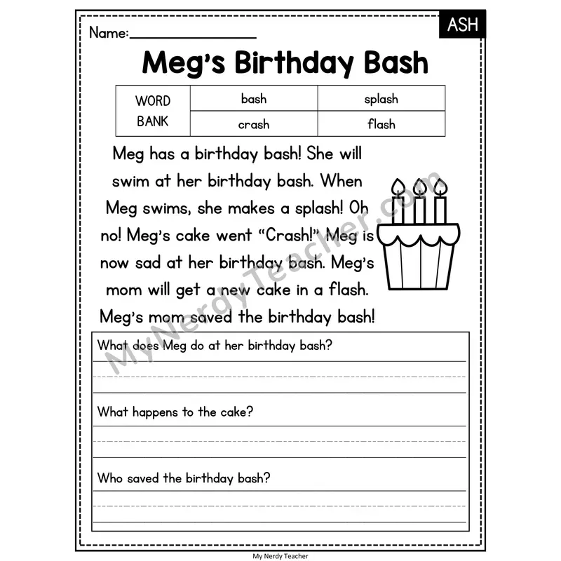 Meg's Birthday Bash — ASH Phonics Reading Passage with Short Answer