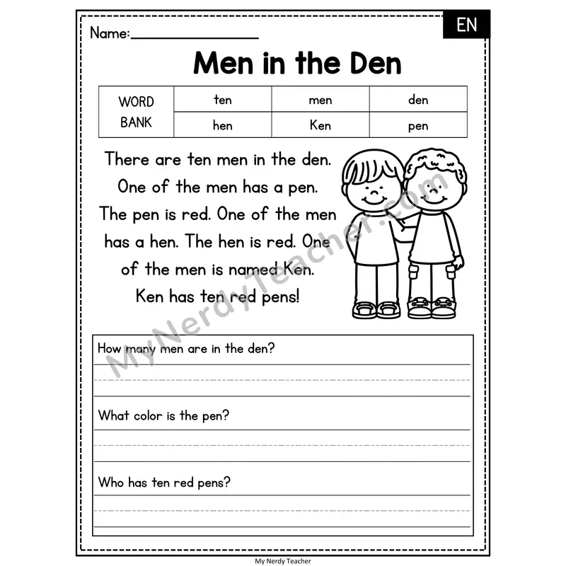 Men in the Den — EN Phonics Reading Passage with Short Answer