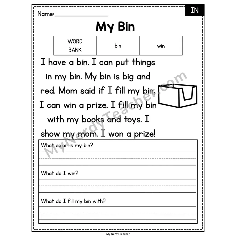 My Bin — IN Phonics Reading Passage with Short Answer