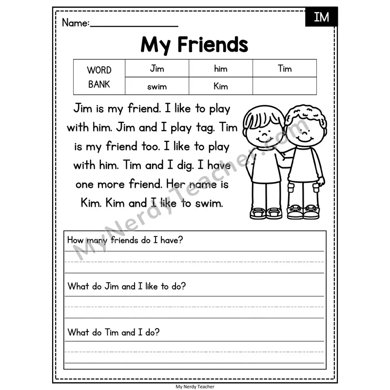 My Friends — IM Phonics Reading Passage with Short Answer