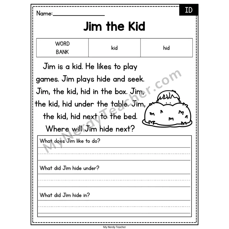 Jim the Kid — ID Phonics Reading Passage with Short Answer
