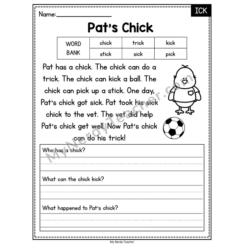 Pat's Chick — ICK Phonics Reading Passage with Short Answer