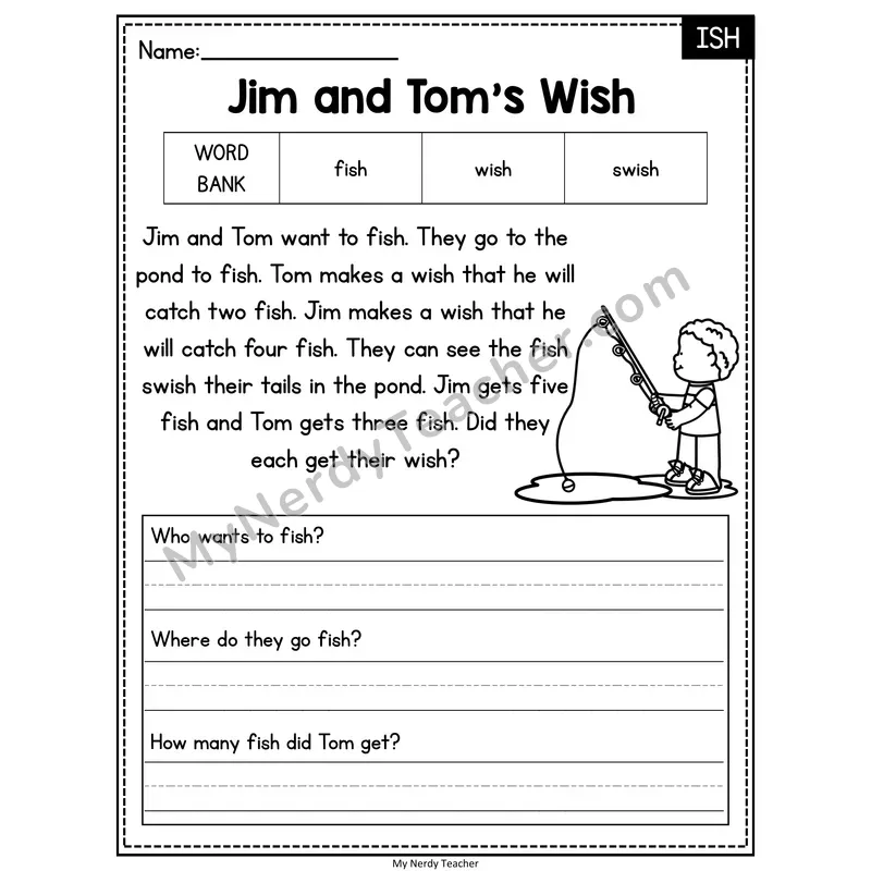 Jim and Tom's Wish — ISH Phonics Reading Passage with Short Answer