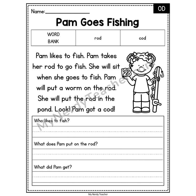 Pam Goes Fishing — OD Phonics Reading Passage with Short Answer