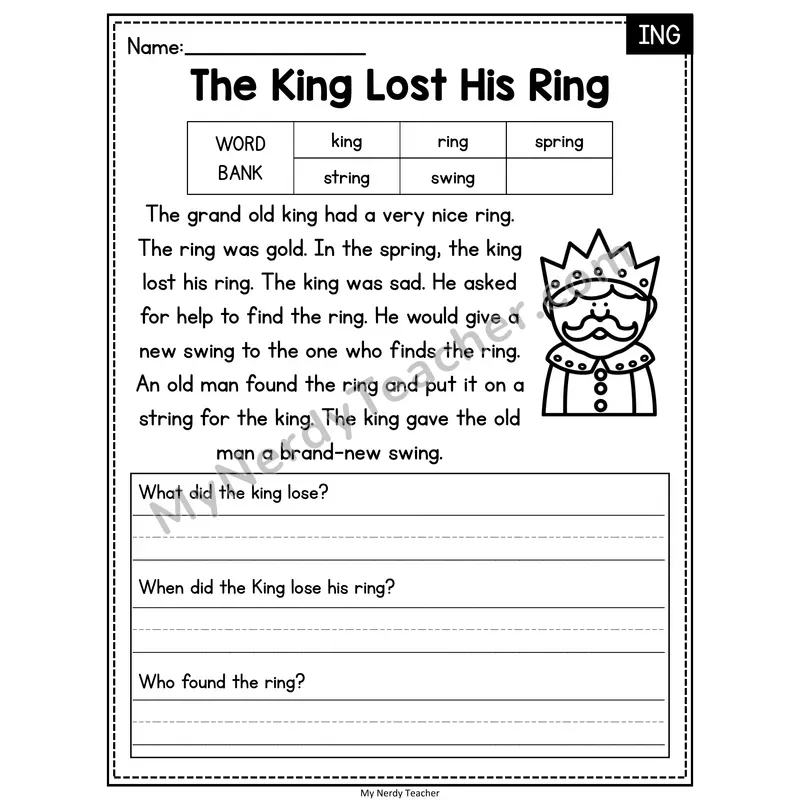 The King Lost His Ring — ING Phonics Reading Passage with Short Answer