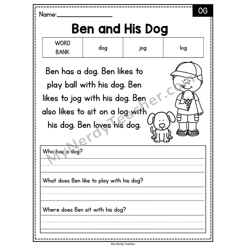 Ben and His Dog — OG Phonics Reading Passage with Short Answer