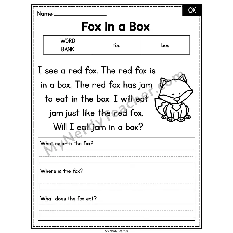 Fox in a Box — OX Phonics Reading Passage with Short Answer