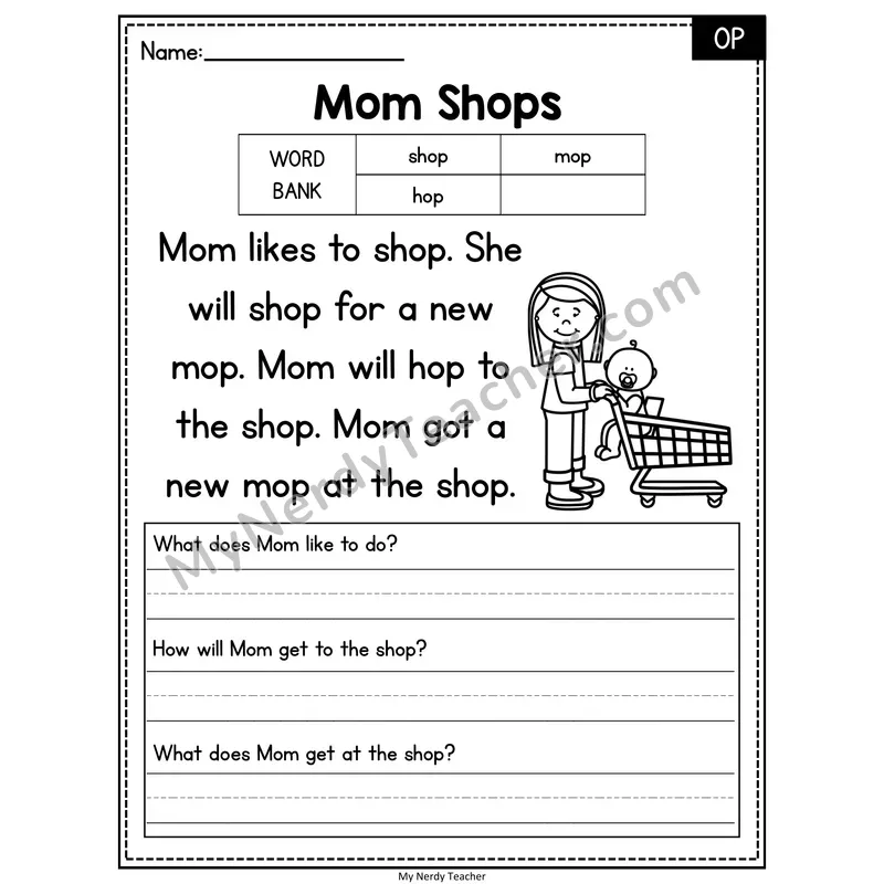Mom Shops — OP Phonics Reading Passage with Short Answer