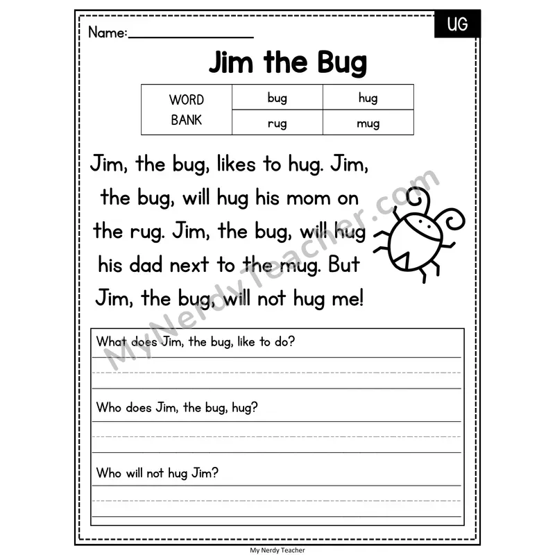 Jim the Bug — UG Phonics Reading Passage with Short Answer