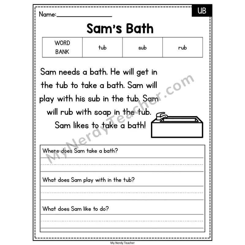 Sam's Bath — UB Phonics Reading Passage with Short Answer
