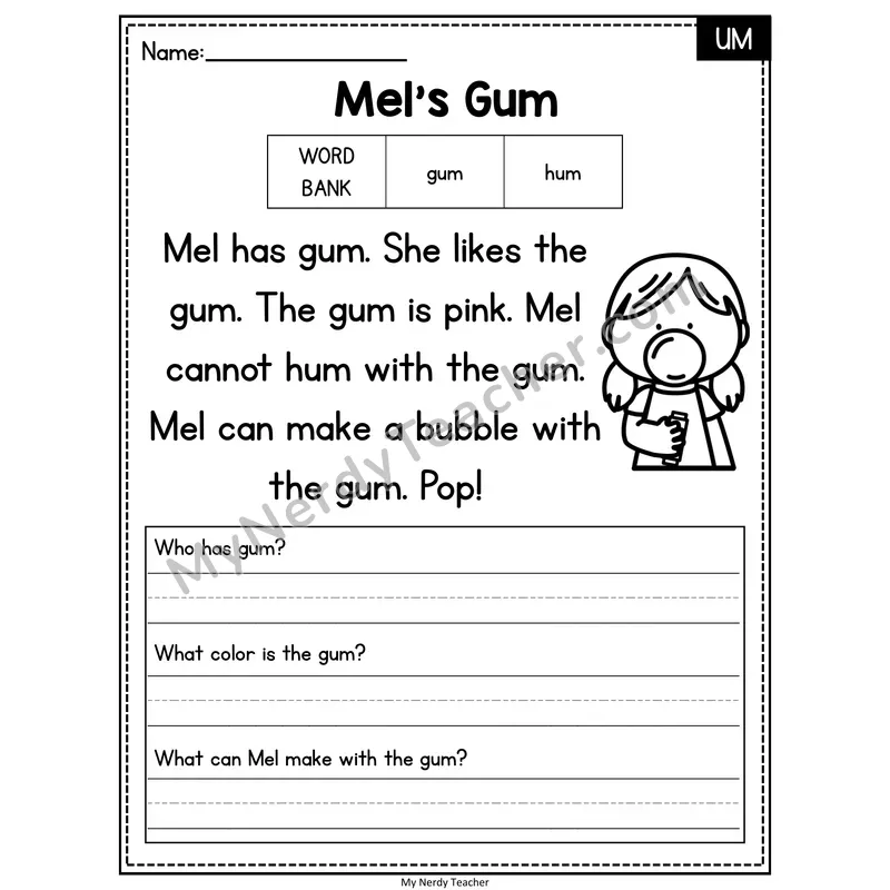 Mel's Gum — UM Phonics Reading Passage with Short Answer