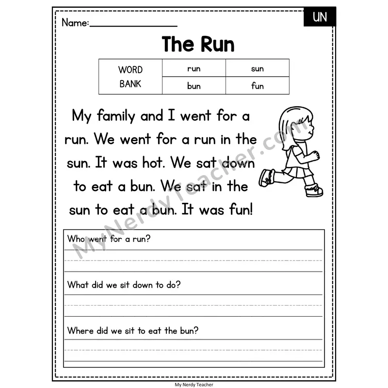 The Run — UN Phonics Reading Passage with Short Answer