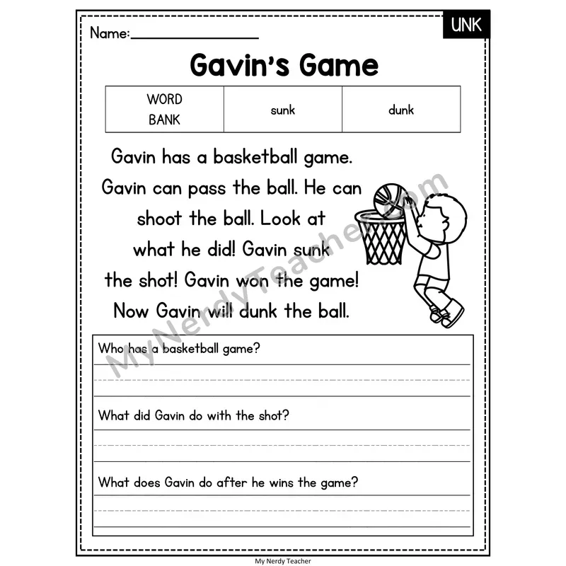 Gavin's Game — UNK Phonics Reading Passage with Short Answer
