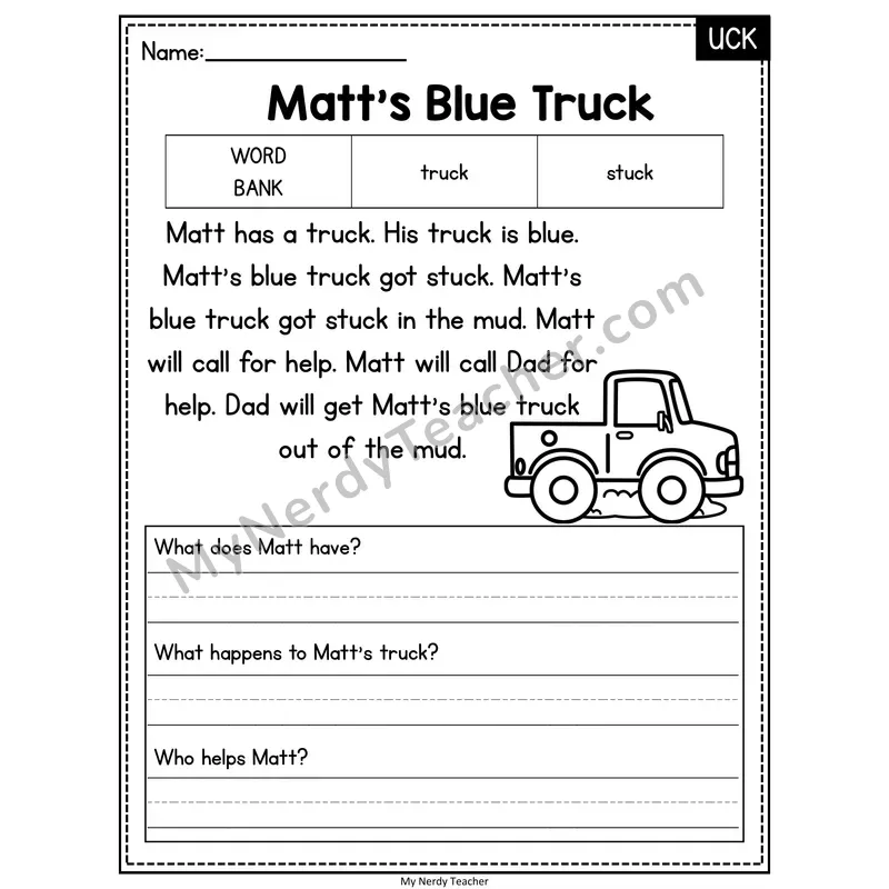 Matt's Blue Truck — UCK Phonics Reading Passage with Short Answer