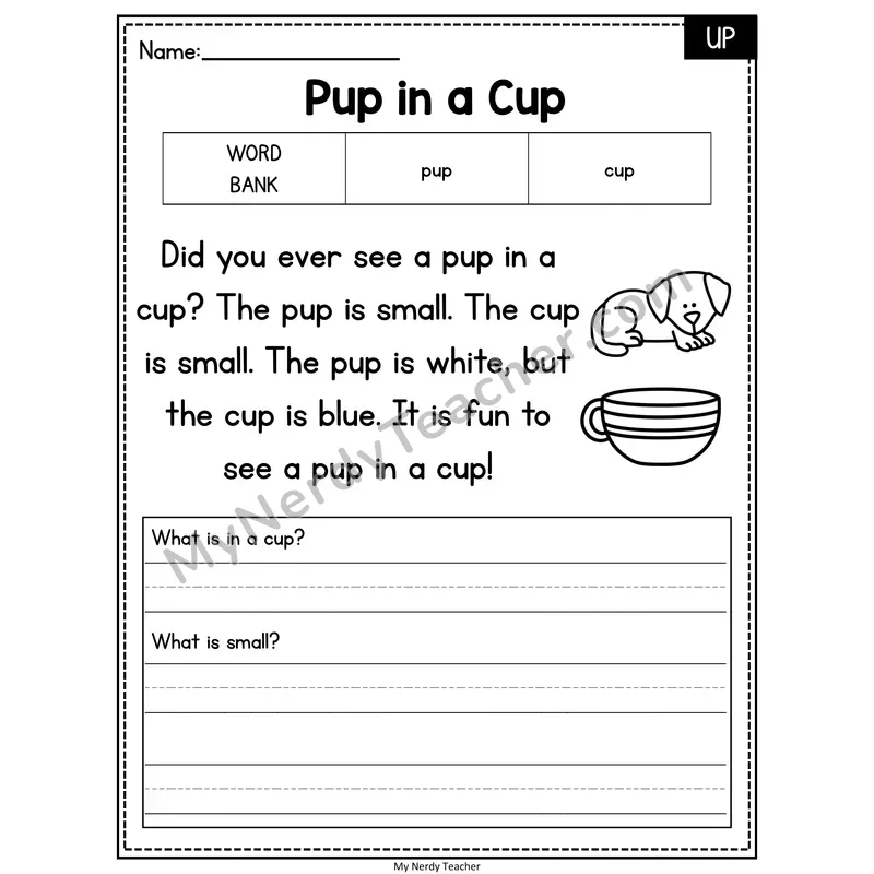 Pup in a Cup — UP Phonics Reading Passage with Short Answer
