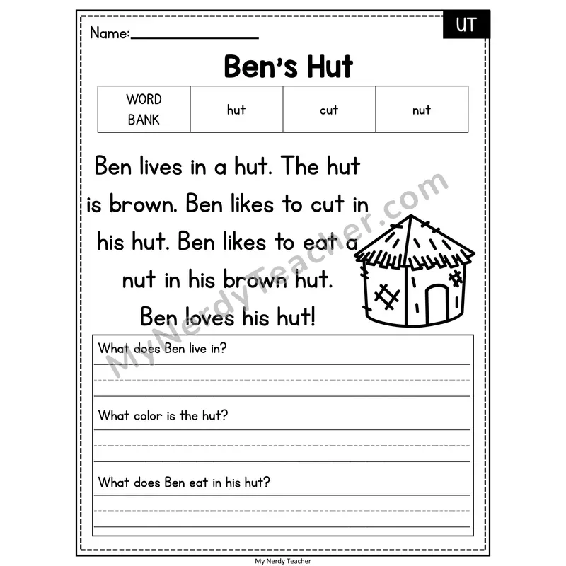 Ben's Hut — UT Phonics Reading Passage with Short Answer