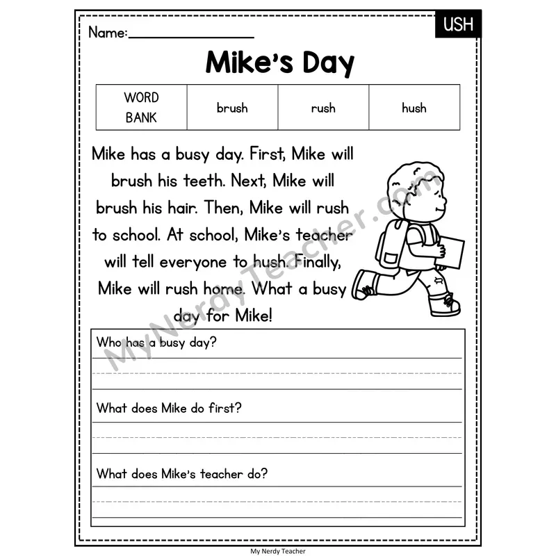Mike's Day — USH Phonics Reading Passage with Short Answer