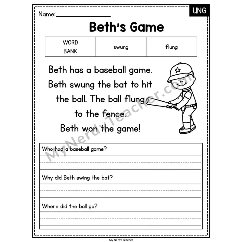 Beth's Game — UNG Phonics Reading Passage with Short Answer