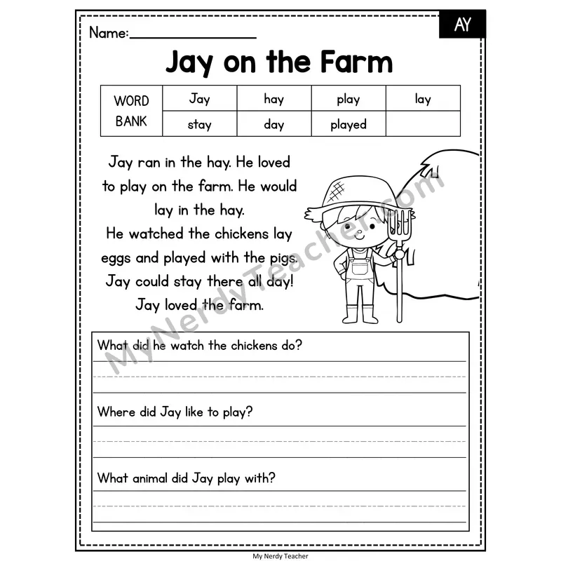 Jay on the Farm — AY Phonics Reading Passage with Short Answer