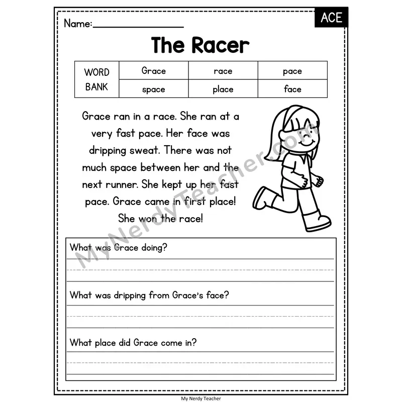 The Racer — ACE Phonics Reading Passage with Short Answer