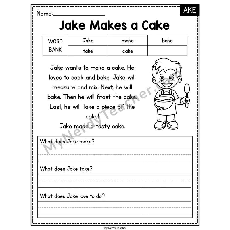 Jake Makes a Cake — AKE Phonics Reading Passage with Short Answer