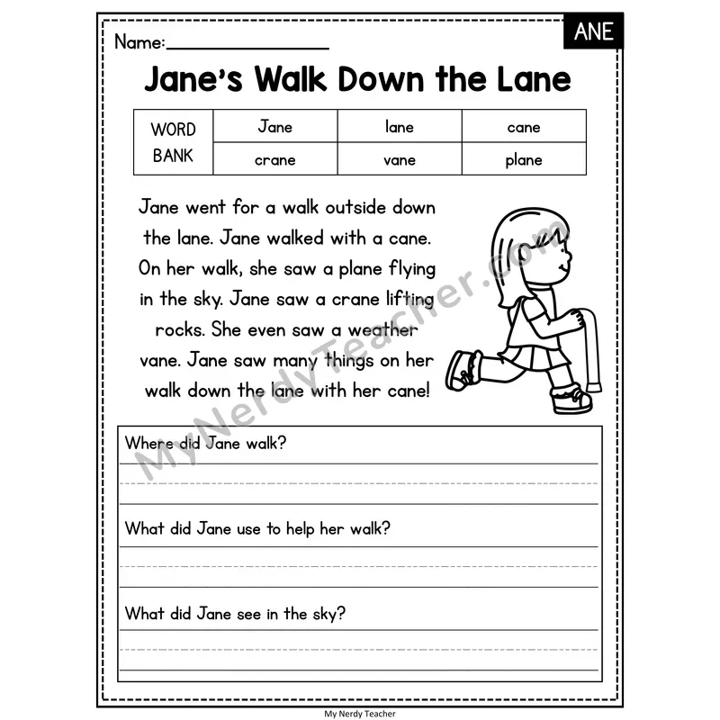 Jane's Walk Down the Lane — ANE Phonics Reading Passage with Short Answer