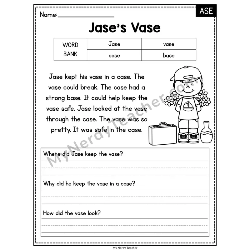 Jase's Vase — ASE Phonics Reading Passage with Short Answer