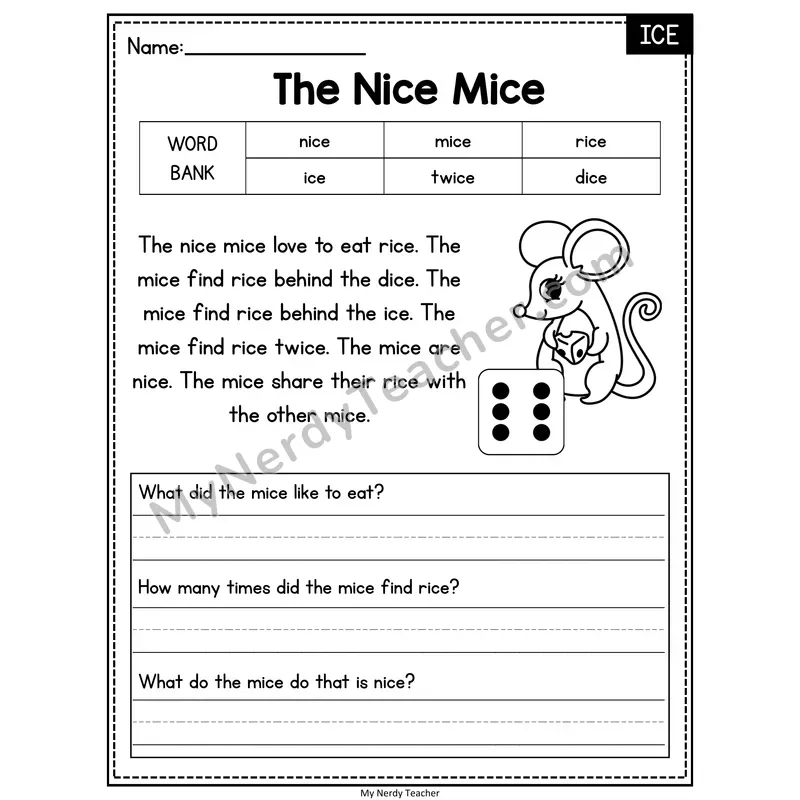 The Nice Mice — ICE Phonics Reading Passage with Short Answer