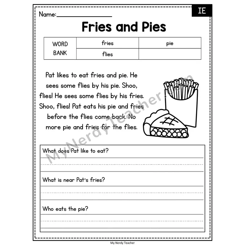 Fries and Pies — IE Phonics Reading Passage with Short Answer
