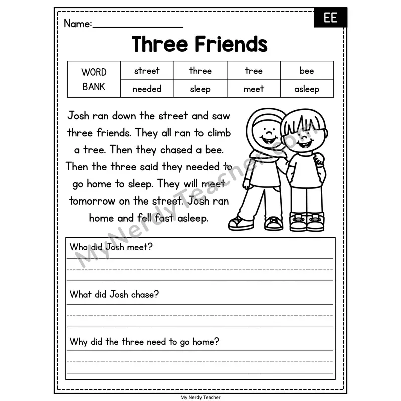 Three Friends — EE Phonics Reading Passage with Short Answer