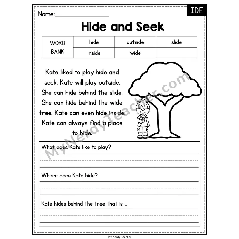 Hide and Seek — IDE Phonics Reading Passage with Short Answer