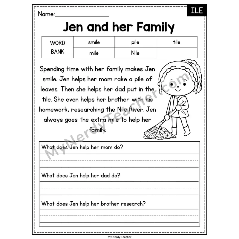 Jen and her Family — ILE Phonics Reading Passage with Short Answer