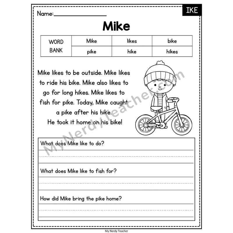 Mike — IKE Phonics Reading Passage with Short Answer