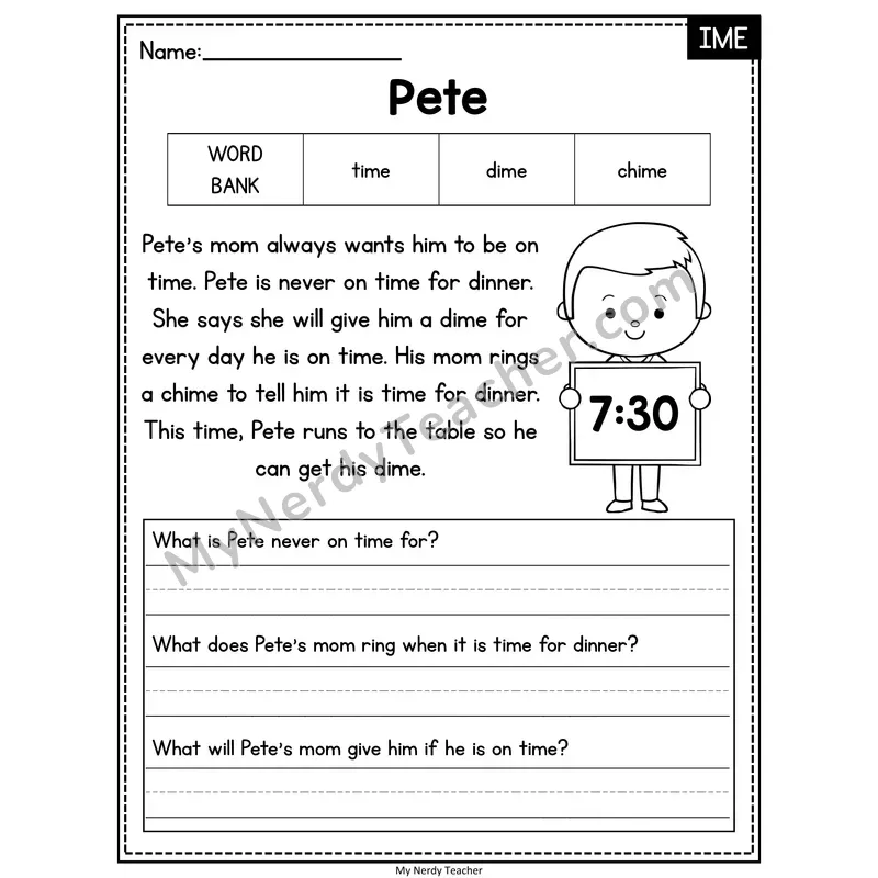 Pete — IME Phonics Reading Passage with Short Answer