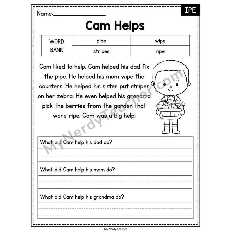 Cam Helps — IPE Phonics Reading Passage with Short Answer