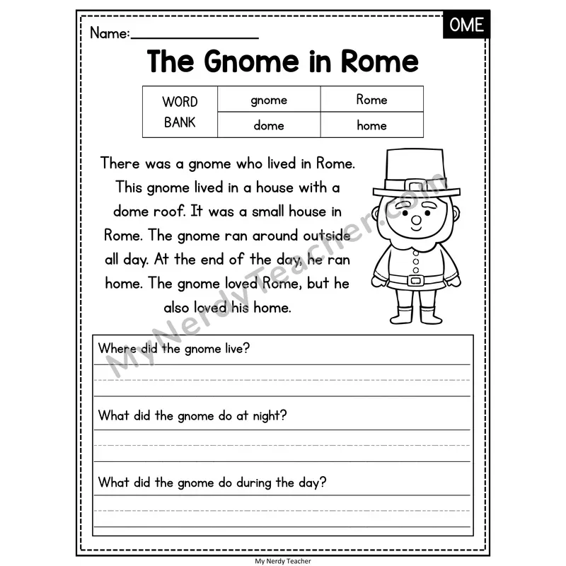 The Gnome in Rome — OME Phonics Reading Passage with Short Answer