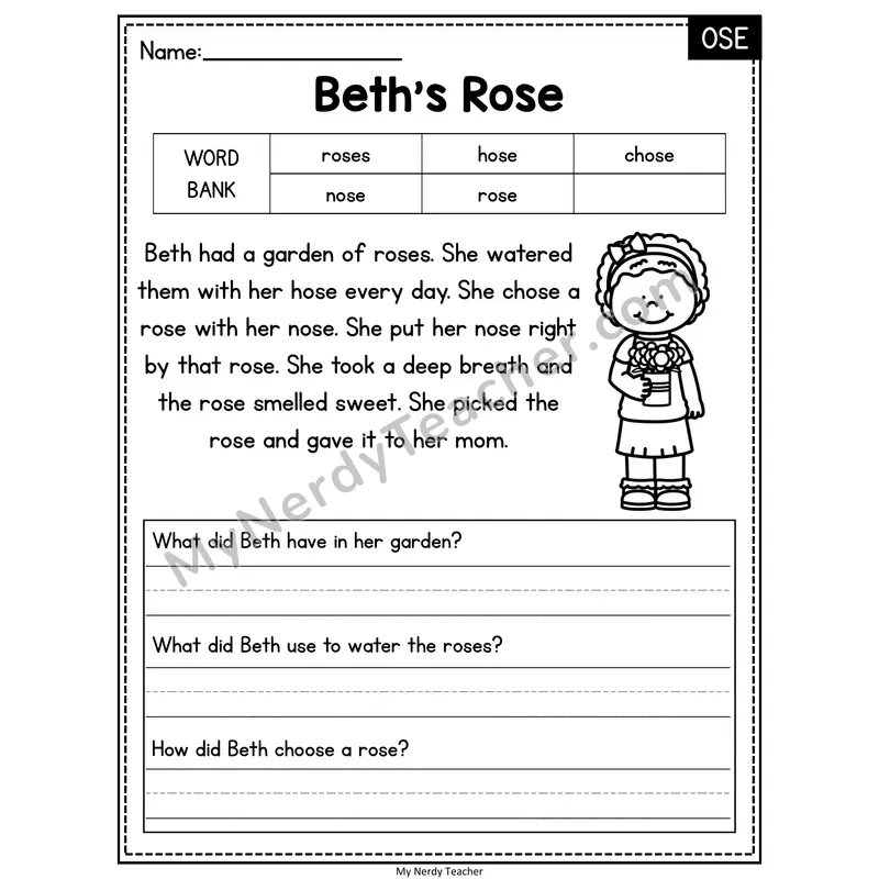 Beth's Rose — OSE Phonics Reading Passage with Short Answer