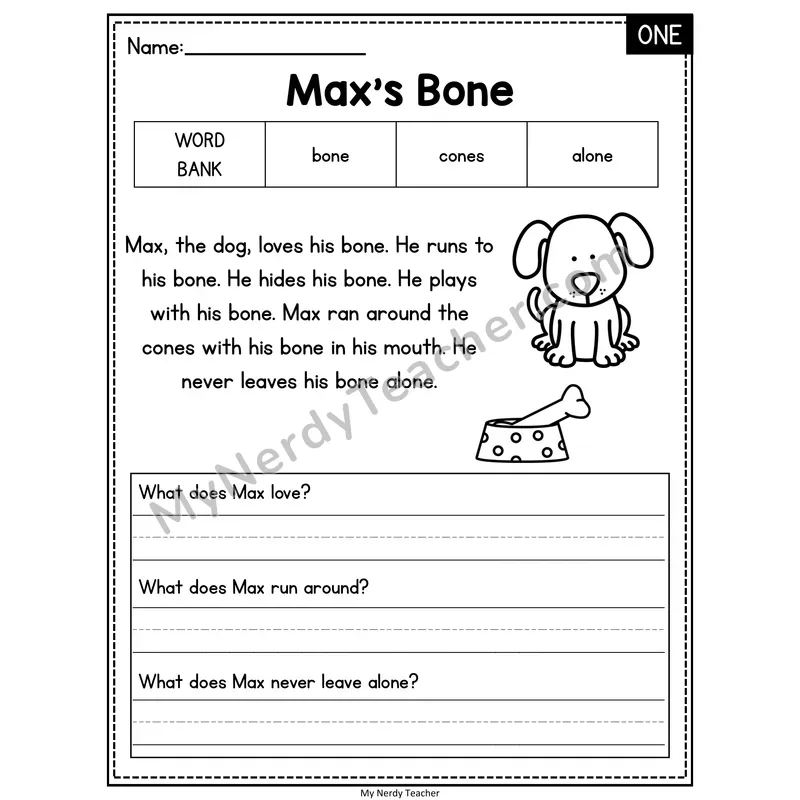 Max's Bone — ONE Phonics Reading Passage with Short Answer