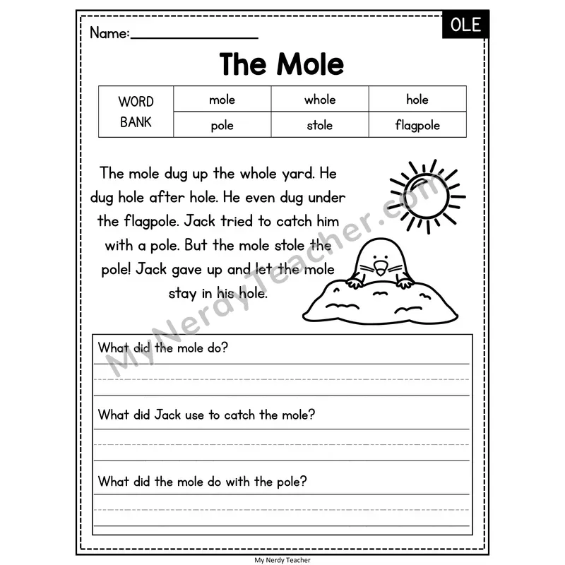 The Mole — OLE Phonics Reading Passage with Short Answer