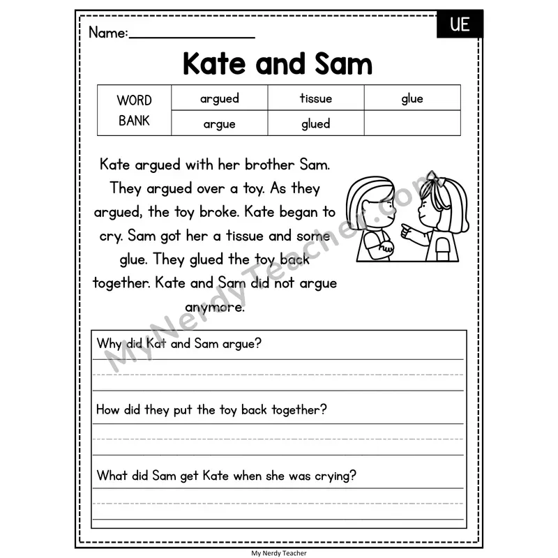 Kate and Sam — UE Phonics Reading Passage with Short Answer