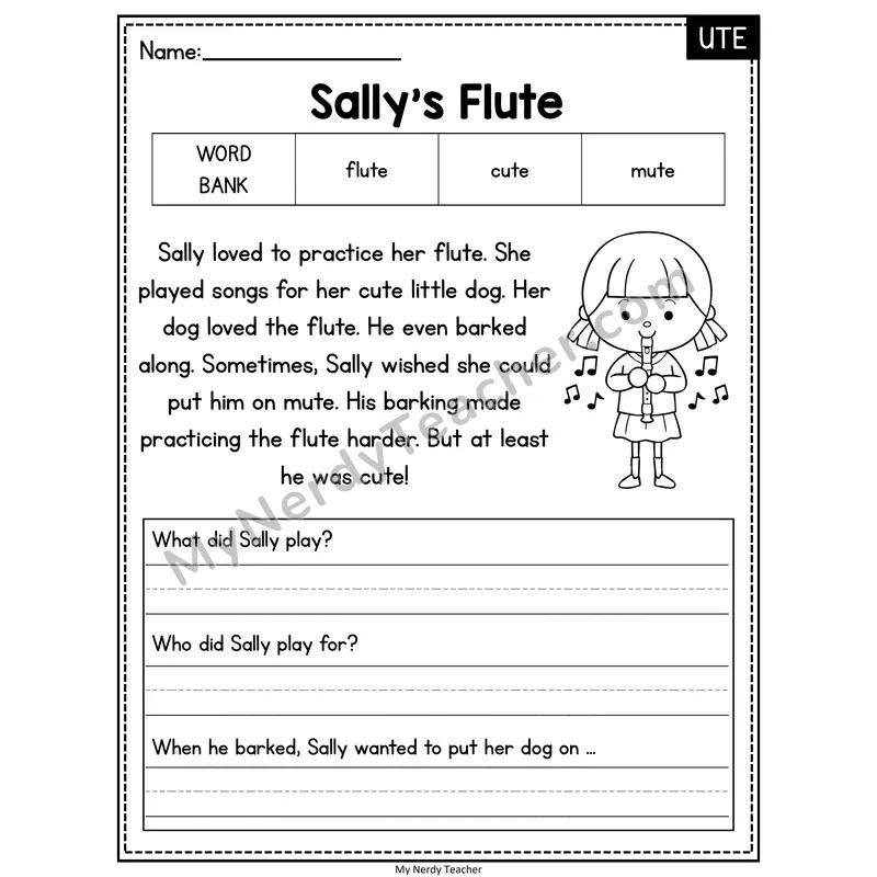 Sally's Flute — UTE Phonics Reading Passage with Short Answer