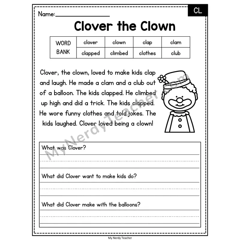 Clover the Clown — CL Phonics Reading Passage with Short Answer