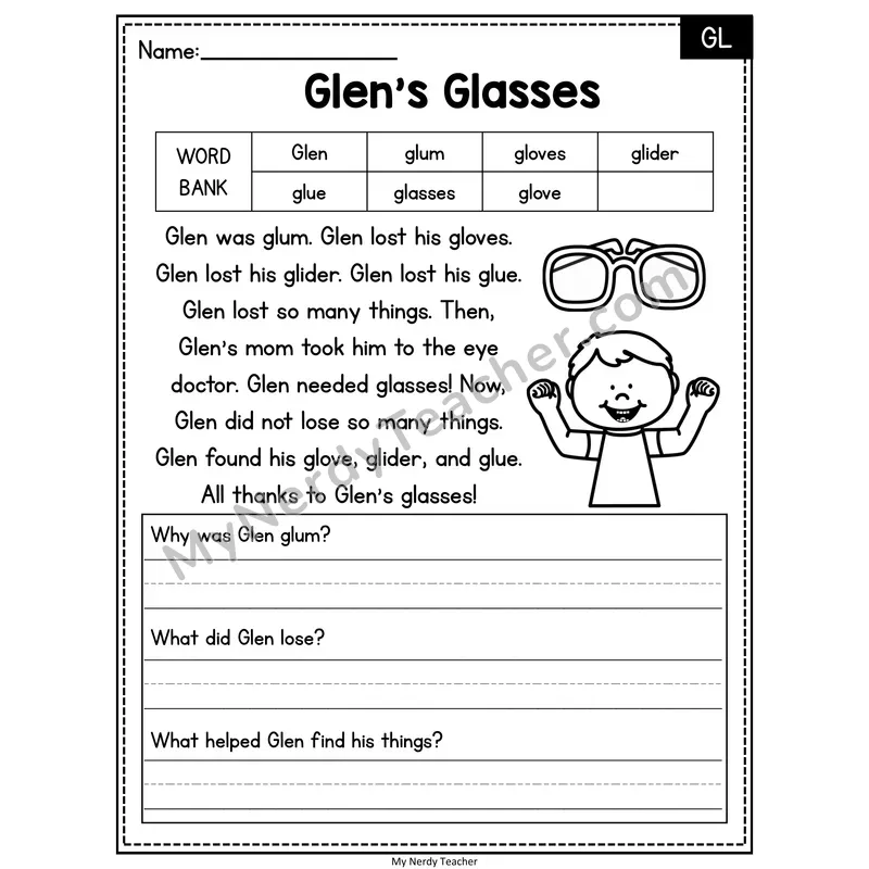 Glen's Glasses — GL Phonics Reading Passage with Short Answer