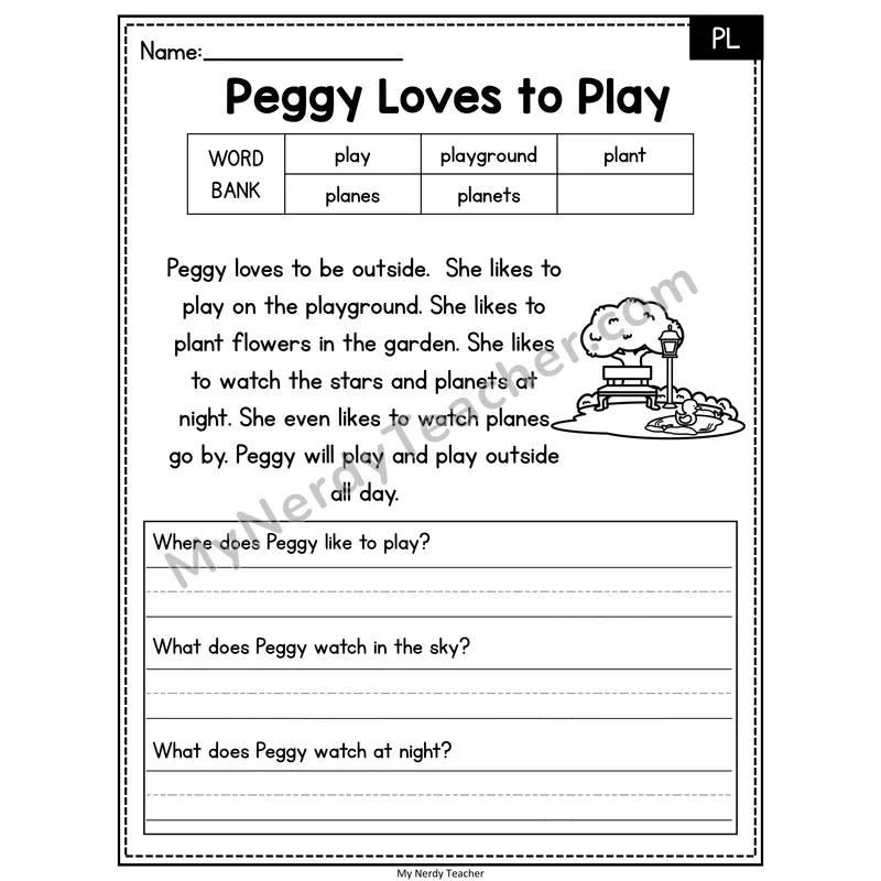 Peggy Loves to Play — PL Phonics Reading Passage with Short Answer
