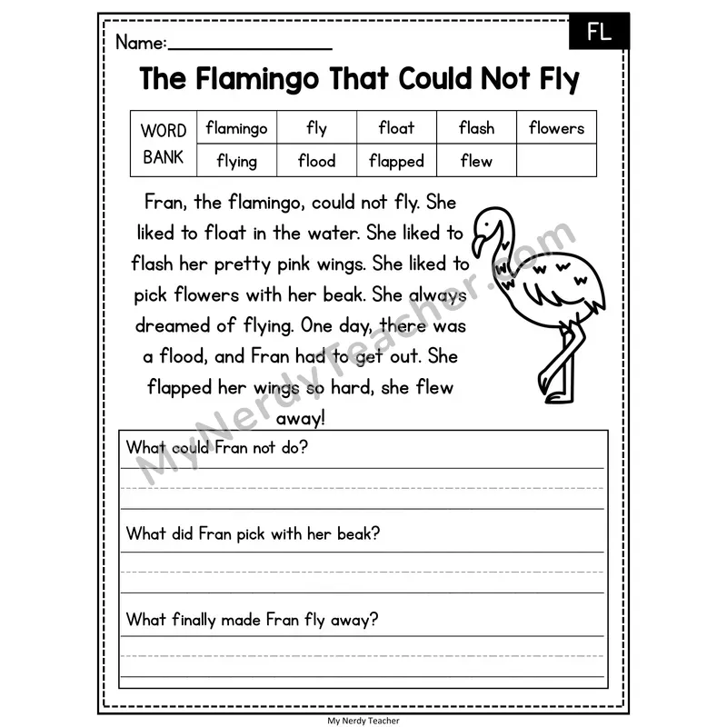 The Flamingo That Could Not Fly — FL Phonics Reading Passage with Short Answer