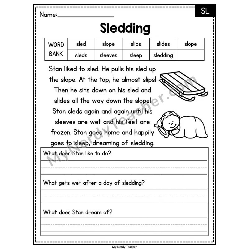 Sledding — SL Phonics Reading Passage with Short Answer