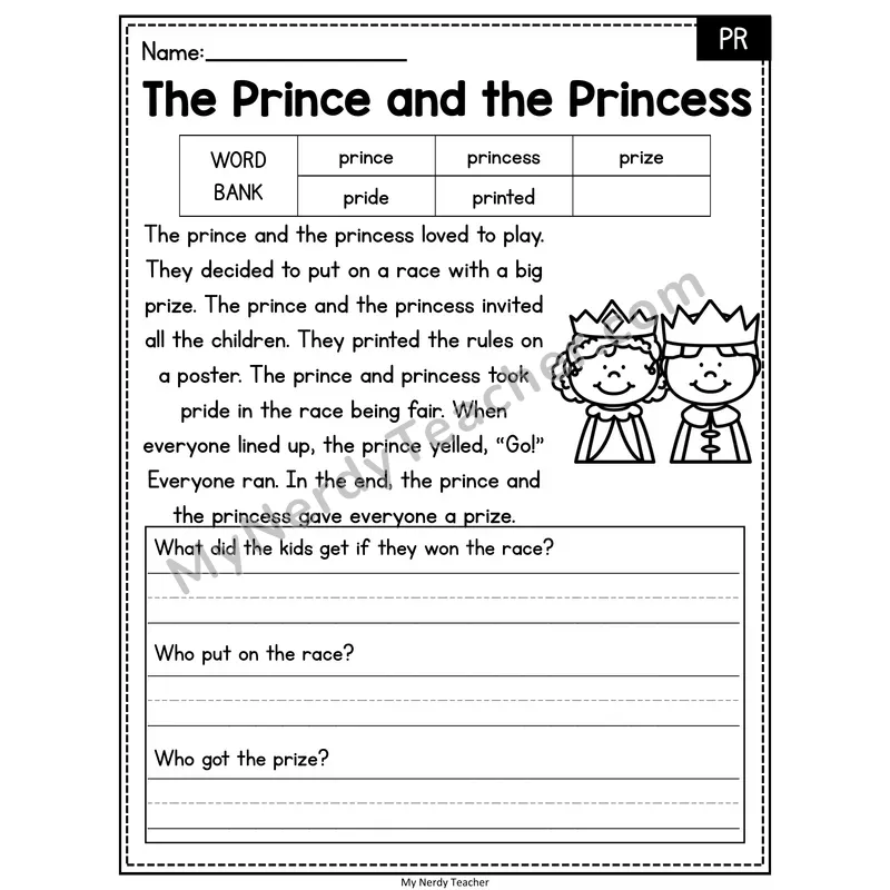 The Prince and the Princess — PR Phonics Reading Passage with Short Answer