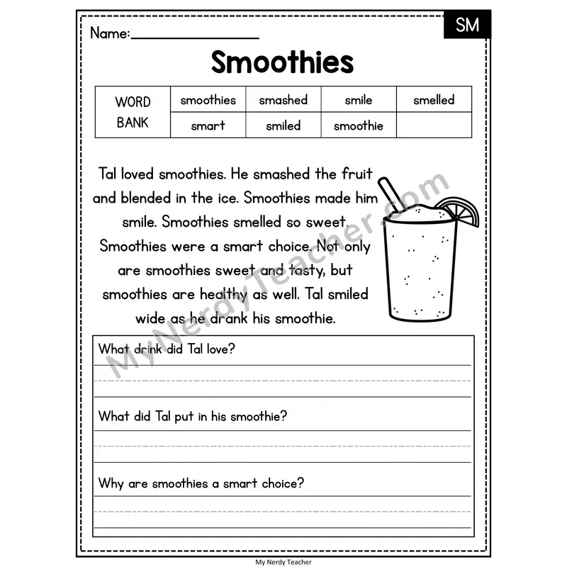 Smoothies — SM Phonics Reading Passage with Short Answer